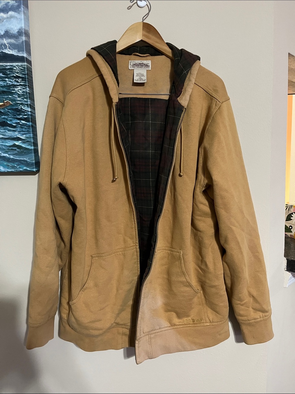 L.L. Bean Men's Hooded Zip-Up Sweater Jacket - Tan with Plaid Lining